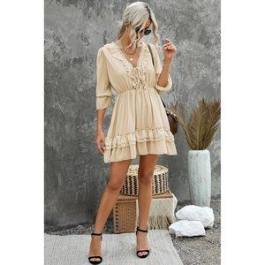 Beige Lacy V Neck Ruffled Mini Dress